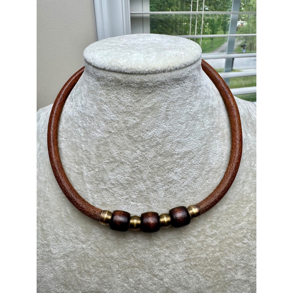 VTG 70s Leather Cord 15" Choker Brass & Wood‎ Beads Barrel Clasp Hippy Necklace